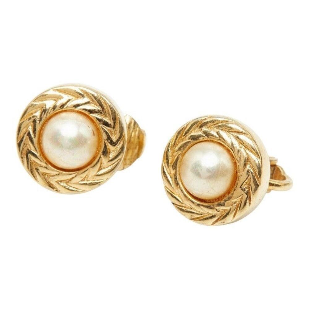 Dior Round Earrings Gold Faux Pearl Plated GP